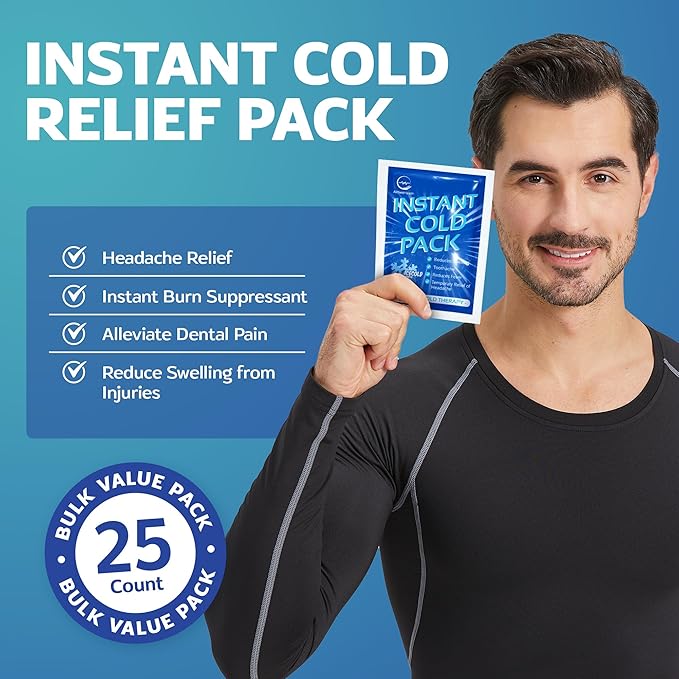 25 Pack Instant Ice Cold Pack (6” x 4.5”) - Disposable Instant Ice Packs for Injuries | Cold Compress Ice Pack for Pain Relief