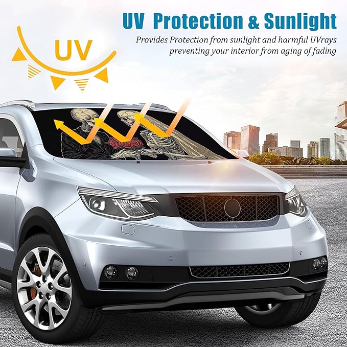 Couple Skull Car Windshield Sun Shade Foldable Sunshade Front Window Cover Sun Visor Protector Accessories (59x27.5 inches)