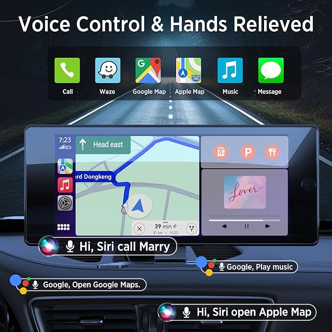 ASLONG 10.36" Wireless CarPlay Screen for Car & 4K 4CH Dash Cam with Android Auto, Portable HD Touchscreen Car Stereo with 1080P Backup Camera, GPS Navigation Mirror Link for Semi Trailer Truck