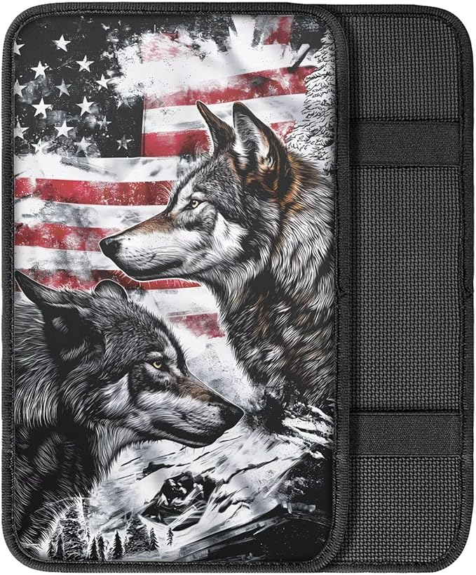 American Flag Wolf Car Armrest Cover Protector Dustproof Auto Center Console Cover Pad Universal Cars Armrest Seat Box Covers Cushion USA Flag Wolf Car Accessories Decor