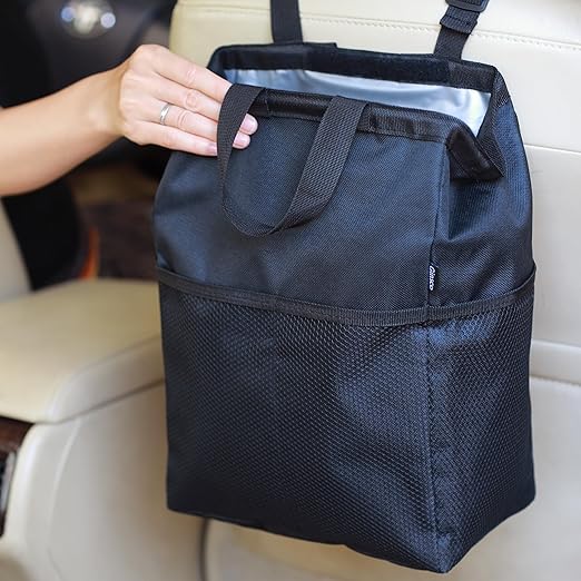 Ginsco New Leak-Proof Travel Car Trash Bag, 3.5 Gallons Large Capacity Hanging Car Trash Can with Hook and Loop Lid and Handle, Multipurpose Trash Bin with Storage Pockets for SUV RV Camping (Black)