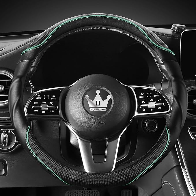 3D Car Steering Wheel Cover Comfort Grip Massage Sporty Anti-Slip Carbon Fiber Faux Leather for Sedan SUV, Universal Fit, Car Handle Covers for All Seasons, 14.75-15.15in, Green