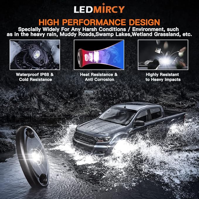 LEDMIRCY LED Rock Lights White 8PCS for Off Road Trucks RZR Boat Car Auto ATV UTV SUV Underglow Trail TRAI Rig Lights Underbody Neon Light High Power Waterproof Shockproof(8PCS-White)