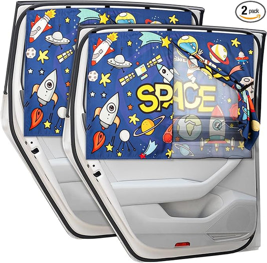 Car Sun Shade Side Window, 2pcs Magnetic Double Layer Car Window Shades for Privacy Full Covers/Half Shade Options Cute Space Pattern Side Window Curtains for Kids