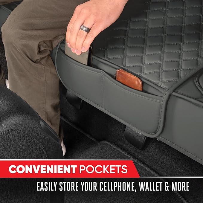 Motor Trend Rear Seat Cushion - Gray Diamond Stitched Faux Leather Rear Seat Cover for Cars, Trucks, SUVs - Padded, Waterproof, Non-Slip Back Seat Cover with Storage Pockets