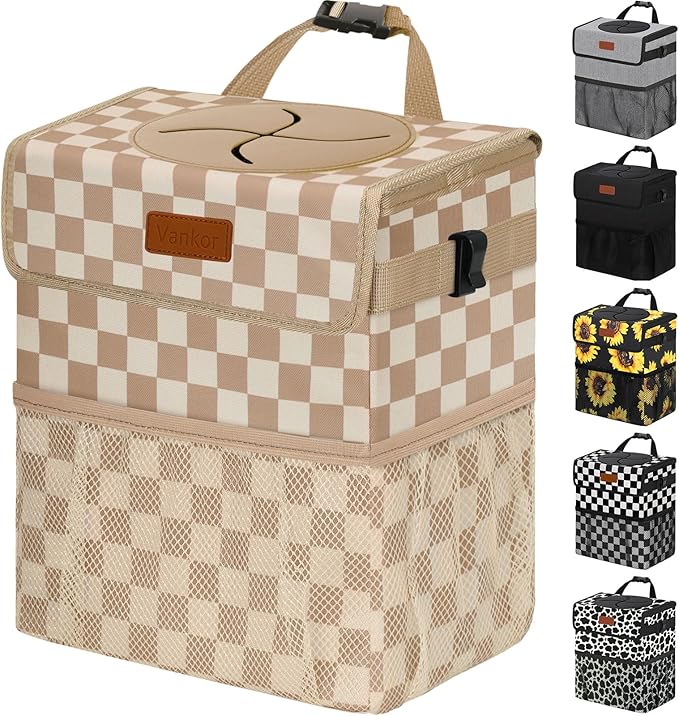 Car Trash Can Bin with Lid Hanging for Back Seat, Car Accessories for Women Men Leak Proof Automotive Garbage Cans Leakproof Vehicle Trash Can for Truck SUV,Khaki Checkered
