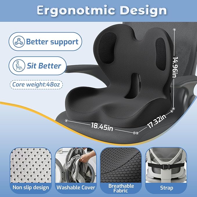 Seat Cushion,Memory Foam Chair Cushion for Office and Car,Ergonomic Coccyx Seat Cushion for Tailbone,Sciatic Nerve,Back Pressure Relief,Lumbar Support Pilow for Office,Car,Truck,Desk Chair