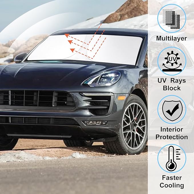 Windshield Sun Shade Custom Fit for 2014-2024 2025 2026 Porsche Macan Accessories Foldable Sunshade Sun Blocker Protect Car from Sun Rays & Heat Damage Keep Car Cooler