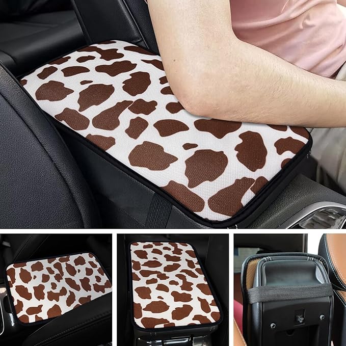 Cow Print Car Center Console Cover, Cute Armrest Mat Cushion Pad, Automotive Interior Accessories for Most Vehicle, SUV, Truck Arm Rest Box (Cow, Brown)