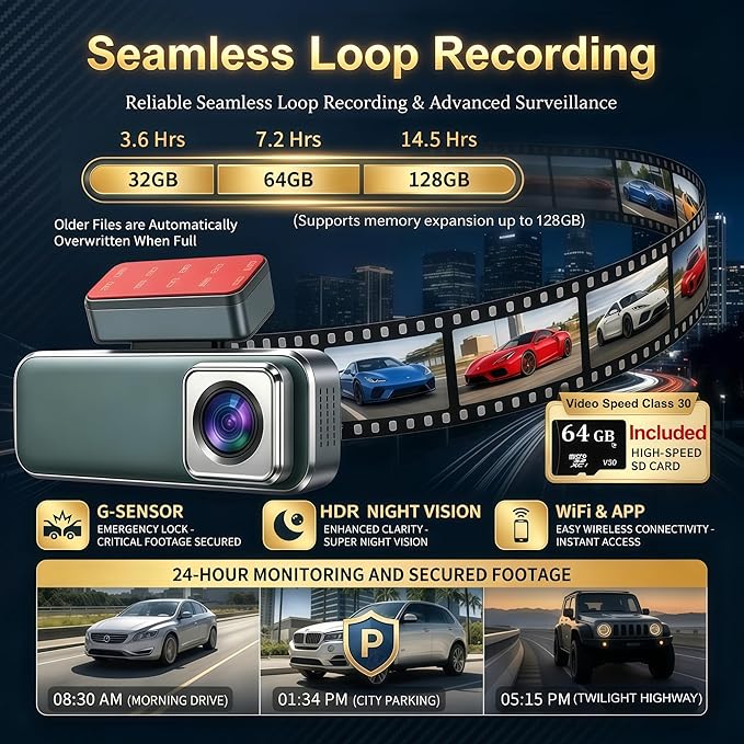Dash Cam Front and Rear with GPS, 4K+1080P Dash Camera for Cars, 7Track Dual Car Camera with Built-in GPS Tracker, 64GB Card, 3.19" IPS Screen, WiFi, HDR, Night Vision, Parking Mode, Loop Recording