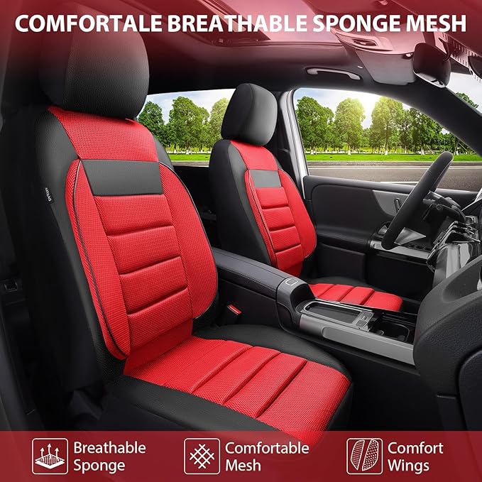 CAR PASS 3D Foam Leather Car Seat Covers Two Front Seats only, Air Mesh Thick Seat Covers, All Weather Car Seat Cover Comfort & Protection for Truck,SUV,Sedan,Van, Airbag Compatible (Black Red)