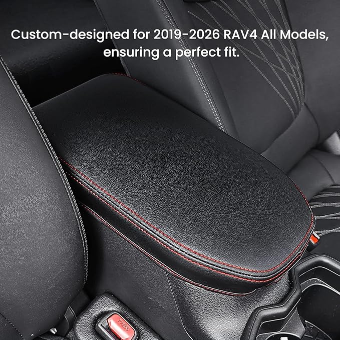 Center Console Cover for Toyota RAV4 2019-2025, Upgraded PU Leather Armrest Cover for RAV4 Adventure/Hybrid/XLE/LE/Limited/TRD Off-Road/Premium/XLE Premium (Red Stitching)