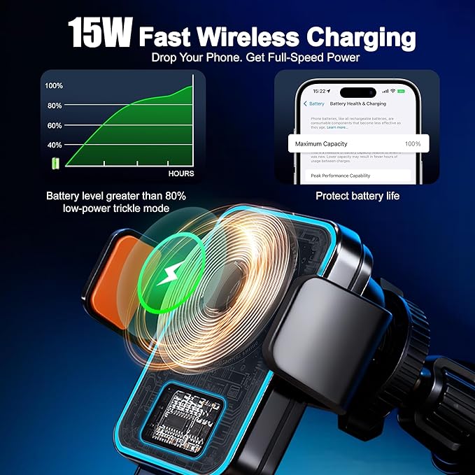 15W Fast Wireless Car Charger with Air Tracker Tag GPS Bulid in(iOS Only)-Air Vent Phone Mount, Works with Apple Find My, Hidden＆Undetectable (Wireless Car Charger with Tracker)