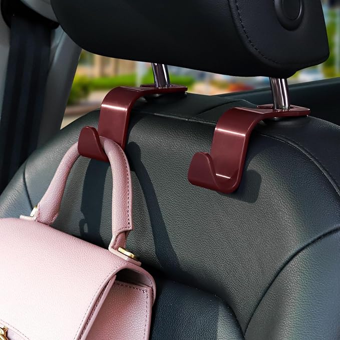 Soleebee 4 Pack Car Headrest Hooks - Universal Auto Hooks, Back Seat Hangers, Storage Organizer (Brown)