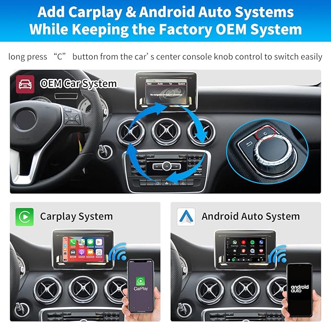 Road Top Wireless CarPlay & Android Auto Retrofit Kit for Mercedes-Benz C/E/GLK/ML/CLA/GLA/CLS/SLK 2012-2015, NTG4.5/4.7 System, AUX Required, CarPlay Interface Decoder, MirrorLink, Camera Support