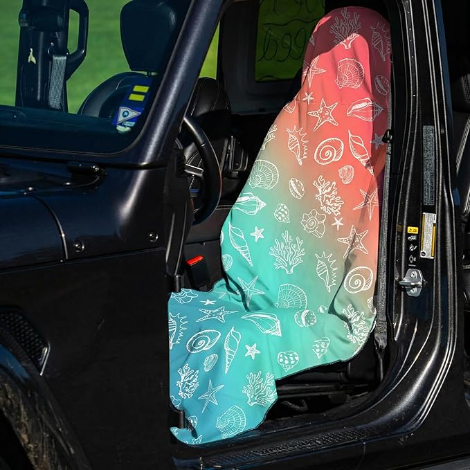 2 Pack Car Seat Towel Covers, Sweat Protector for Front Seats, Premium Thickened Microfiber with Elastic Strap, Breathable & Quick Dry, Machine Washable Cover for Gym Running Universal Fit Seashell
