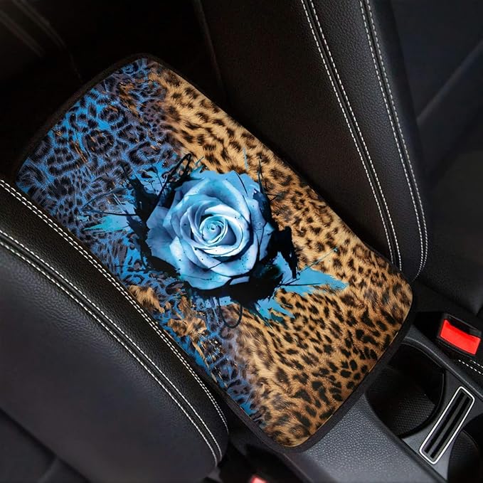 Coldinair Blue Rose Leopard Car Armrest Cover,Auto Center Console Pad,Soft Seat Cover Protector Cushion,Car Accessories Decor for Most Cars,Sedan,Truck,SUV