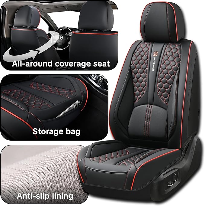Universal Car Seat Covers, Black with Red Trim, Premium Nappa Leather, with Lumbar Support, Waterproof, Full Set, Non-Slip, Contoured Fit, Airbag Compatible, Fits Suvs, Sedans, Pickup Trucks