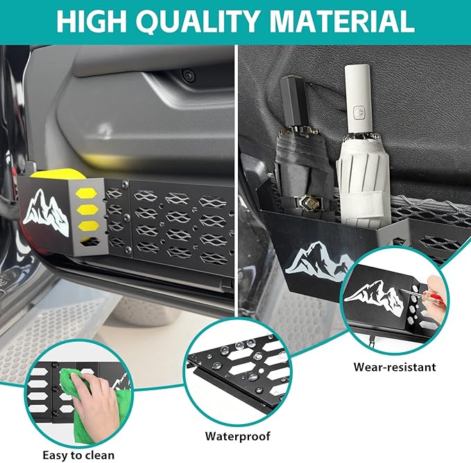 Front & Rear Door Pocket Cup Holder Organizer Fit for 2018-2026 Jeep Wangler JL JLU 4xe Rubicon Sahara & Gladiator JT Accessories, Metal Door Side Insert Storage Box (Not for Power Seats)