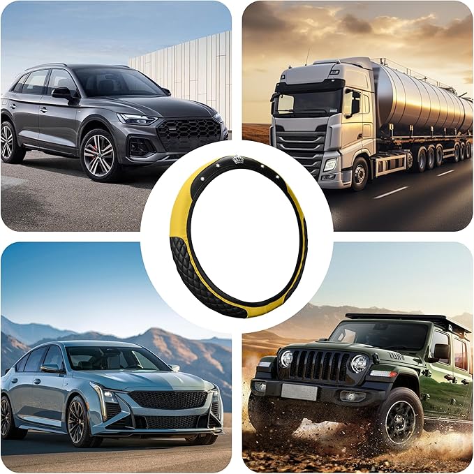 Bling Car Steering Wheel Cover, Diamond Leather Crystal Rhinestones Vehicles Steering Wheel Protector, Sparkling Anti-Slip Automotive Interior Decoration Accessories, Universal Fit (Yellow)