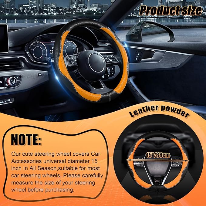 SuperKaKa Car Steering Wheel Cover 2025, Universal Auto PU Cute Breathable Slip-Proof Comfort Imitation Leather Protector Cars Interior Accessories for Women Men Fit Most Vehicle (Orange)