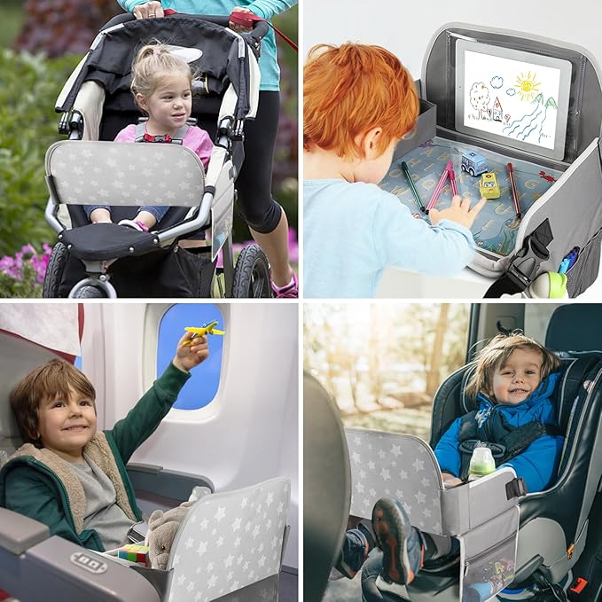 MENZOKE Kids Travel Tray for Boys or Girls, Travel Tray for Kids Car Seat with Tablet Holder, Dry Erase Board & Cooler Cup Holder, Road Trip Essentials Accessories for Car Trip, Airplane (2 Pack)