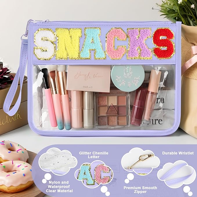 Snack Bag for Travel - Clear Chenille Varsity Letter Flat Pouch with Zipper, 12.2×8.46 inch Waterproof Clear Nylon Preppy Patch Makeup Cosmetic tote Bags for Women Girls