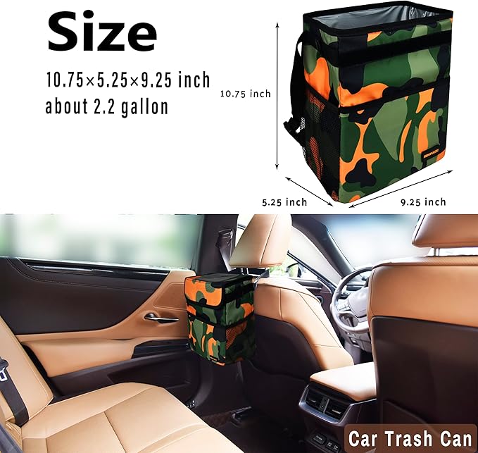 SIBOFUEGO Cute Car Trash Can with Lid – Multipurpose Collapsible Trash Bin for Car, Leak-Proof Organizer, Waterproof Garbage Can with Storage Pockets & Adjustable Straps, 2 Gallons (Camo Orange)