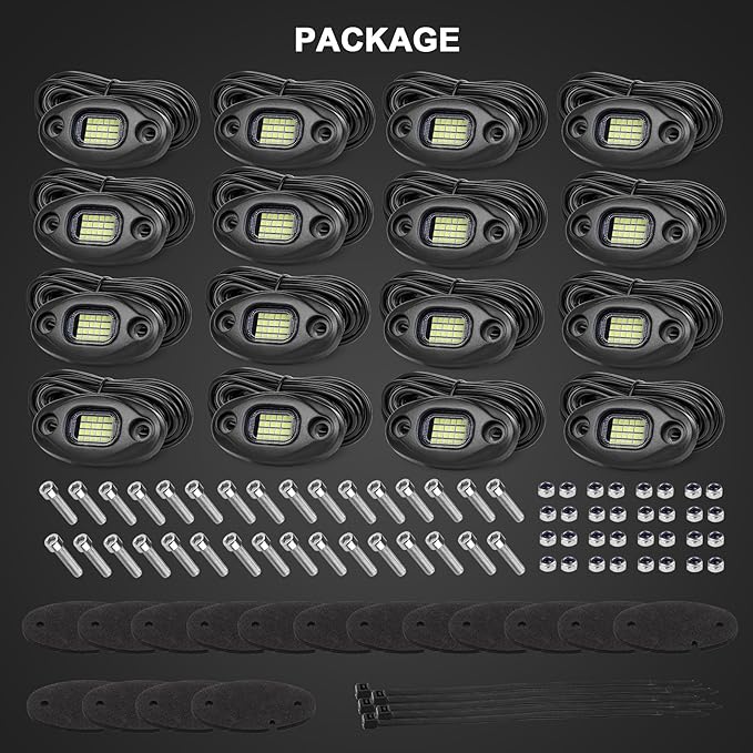 Rock Lights for Trucks-24Chip High Power 6000k Pure White, 15FT Cable Each Light, Aluminum Case, Waterproof IP68 Underglow Lights for Cars Jeep UTV ATV(16 PCS)