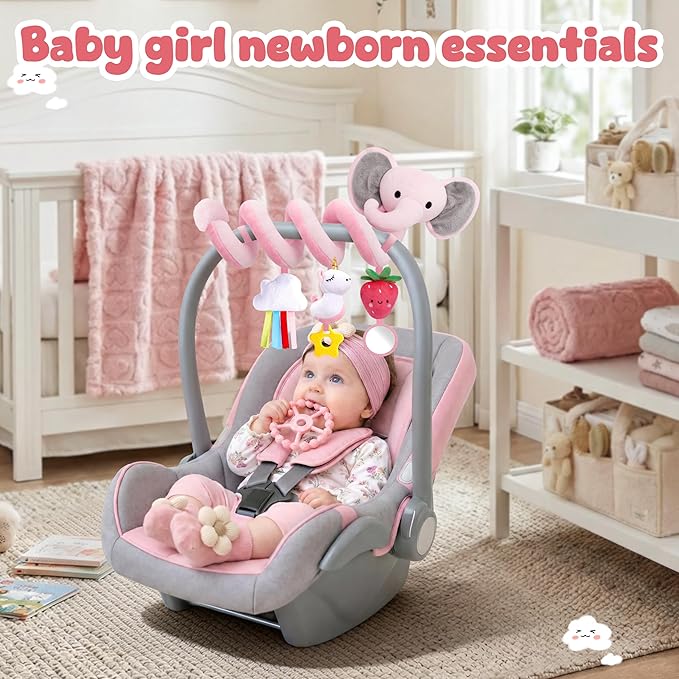 Spiral Car Seat Toys for Baby Girls 0-6 Months, Cute Pink Elephant Strawberry Stuff, Perfect Newborn Shower Gifts for Girls Essentials