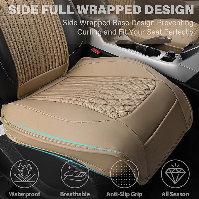 CAR PASS Car Seat Protector, 2 Pack Sideless Nappa Leather Seat Covers for Cars, All Season Waterproof Breathable Front Seats Cushion with Storage Pocket Universal Fit Vehicle Car SUV Truck, All Beige