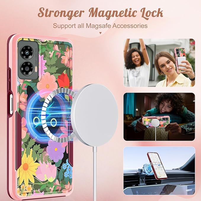 for Moto G 5G 2024 Case - Compatible with MagSafe Women Girls Cute Magnetic Protective Phone Cover Girly Cat Flower Floral Heavy Duty Shockproof Design for Motorola Moto G 5G 2024 Cases