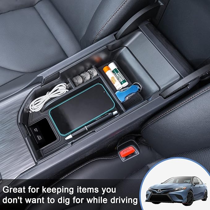 TOPINSTALL Center Console Tray Compatible with 2018-2024 Toyota Camry XLE XSE and 2020-2024 Camry LE SE with Dual USB Ports, Interior Accessories Armrest Console Organizer (Not for 2025)