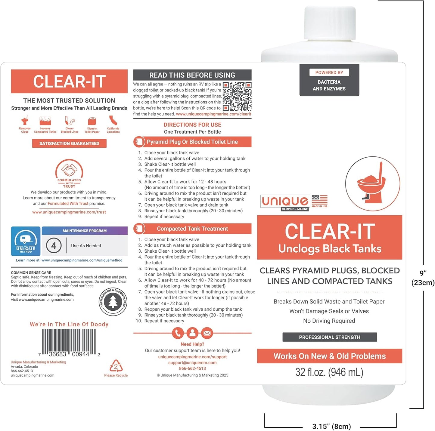 Unique Clear-It RV Black Tank Unclogger Liquid - Breaks Through Pyramid Plugs, Compacted Tanks, and Clogged Pipes (32 oz)