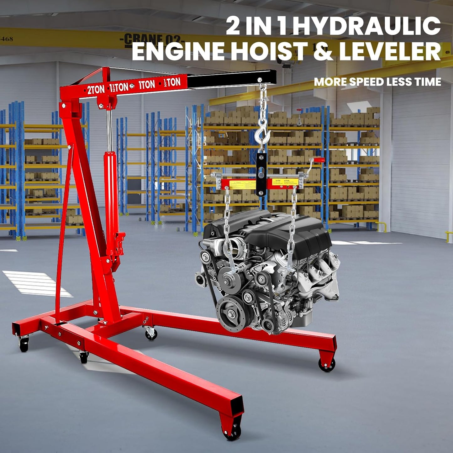 2 Ton Engine Hoist, Folding Cherry Picker Engine Hoist with Engine Leveler for Hoist and 6 Casters, Heavy Duty Hydraulic Shop Crane, Engine Crane Lifter for Workshops Garage Warehouse, Red