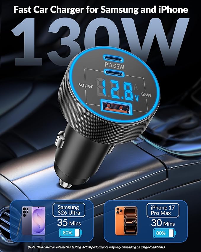 USB C Car Charger, 3-Port 130W Type C Super Fast Charging Car Phone Charger Adapter Accessories with Voltage Display Cigarette Lighter for iPhone 17/16/15/14/13/12, iPad, Galaxy S26/S25/S24, Android