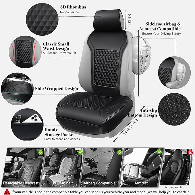 CAR PASS 1Pcs Nappa Leather Front Seat Cover for Cars, Waterproof Sideless Car Seat Cover, Durable Non-Slip Seat Protector Cover Universal Fit for Most Automotive, Vans, SUVs, and Trucks, 1 Pack Black