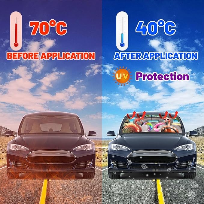 CHILL·TEK Funny Animal Car Windshield Sun Shade Umbrella, Cute Flamingo Car Sun Shade Umbrella, Block UV Rays Heat Foldable Windshield Umbrella Sun Visor Protector - Keep Vehicle Cool for Cars SUV