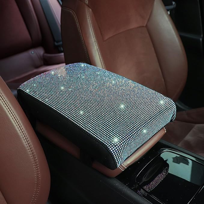 Bling Car Armrest Cover with Memory Foam Cushion Pad & Rhinestones, Universal Diamond Center Console Cover for Cars, Bling Middle Console Cover, Bling Car Accessories for Women, AB Color