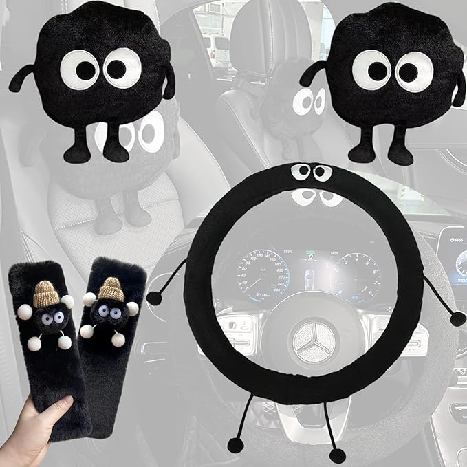 Car Headrest Pillow & Steering Wheel Cover Set with Cute Big-Eyed Furball Travel Neck Support Pillow Fur Car Interior Accessory (Black 5Pcs Set)