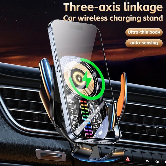 Wireless Car Charger Mount Cell Phone Holder Car - Auto Clamping 3-Axis Adjustable Phone Mount for Car Vent with 15W Fast Charging and Ultra-Thin Design Slim Profile for iPhone 16 Pro Max 16 15 14