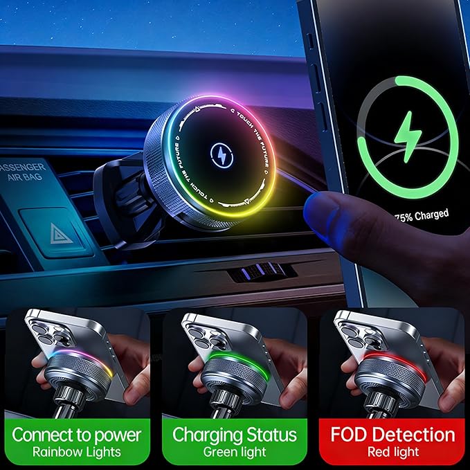 Car Mount Charger 15W Magnetic Phone Holder with Type-C Retractable Cable and RGB Light, Mag Wireless Charging Phone Mount for Air Vent Compatible with iPhone, Samsung, All Smartphones (Gray)