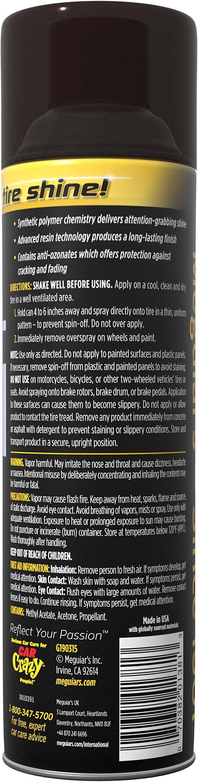 Meguiar's G190315 Ultimate Insane Shine Tire Coating, gives a Finish that Creates a Lasting Wet-Look for a Classic Black Shine, Easy to Use, No Hassle, No Mess, Ultimate Protection, 15 Oz Aerosol Can