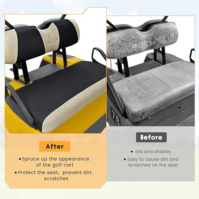 Golf Cart Seat Covers 2 Piece Front and Rear Seat Covers Sets for EZGO TXT RXV and Club Car DS 2000 and UP Standard Seat Cushion,Replacement Cooling Breathable Washable No Stapler Needed(Black&Beige)