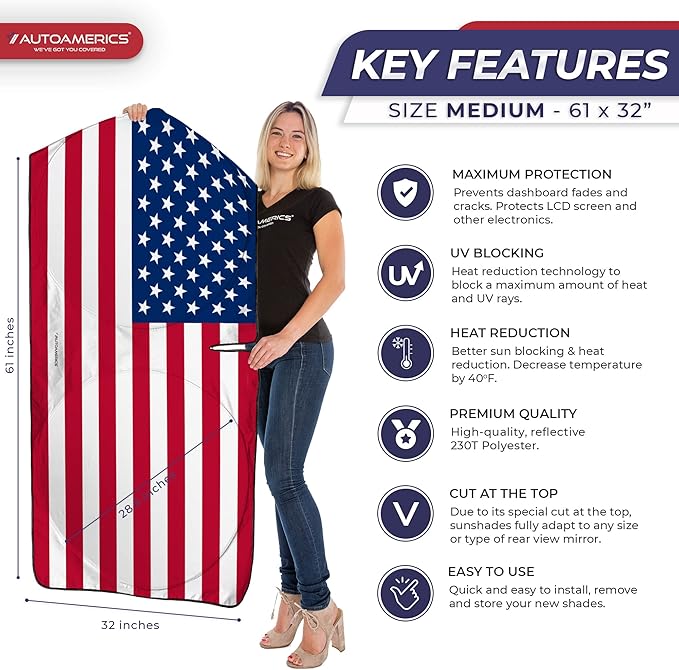 Autoamerics 1-Piece Windshield Sun Shade Original American Flag USA Patriotic Design - Foldable Car Front Window Sunshade for Sedans SUV Truck - Blocks Max UV Rays and Keeps Your Vehicle Cool - Medium