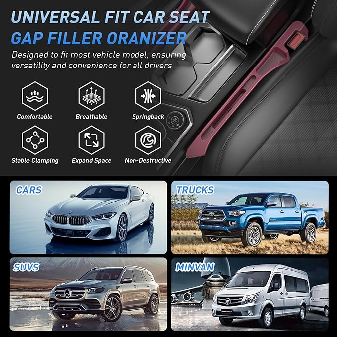 Car Seat Gap Filler 2Pack, Inserts Between Seats Console with Organizer Storage Upgraded Phone Holder Side Seat Gap Fillers Cars Front Seats Fill Plug Car Essentials for Vehicle SUV Truck (Wine Red)