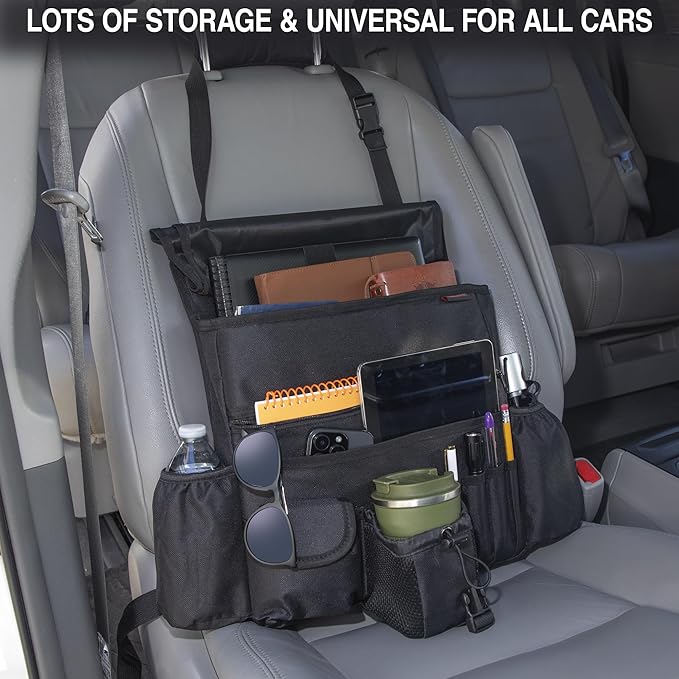 Front Seat Car Organizer with flap and buckle closure – Convertible into Shoulder Bag – Fits Front or Back of Seat – Heavy Duty Car Organizer for Rideshare and Truck drivers