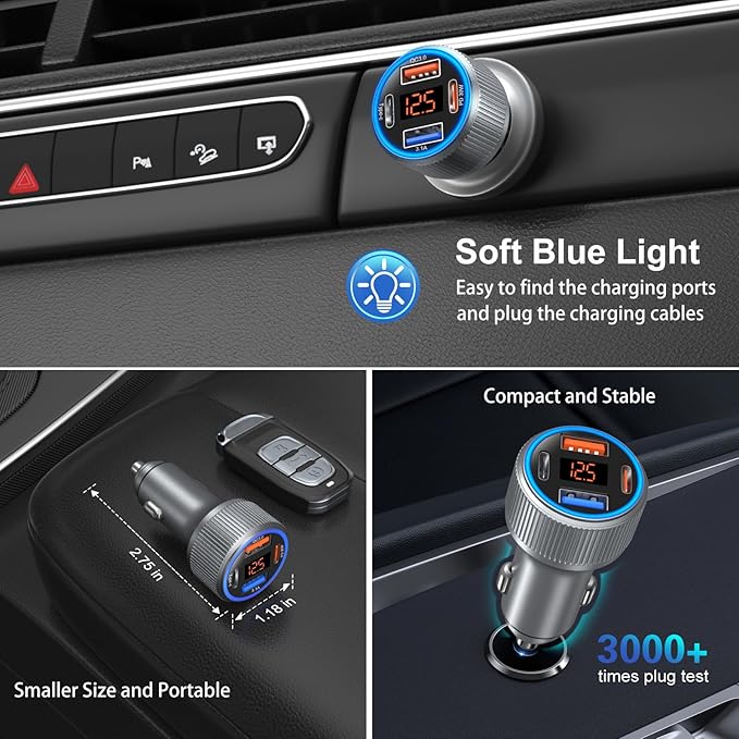 65W Dual USB C & USB A Car Charger Multi Port Cigarette Lighter Adapter with Voltmeter QC+PD 3.0 Fast Charging with 2 Pack Type C Cords