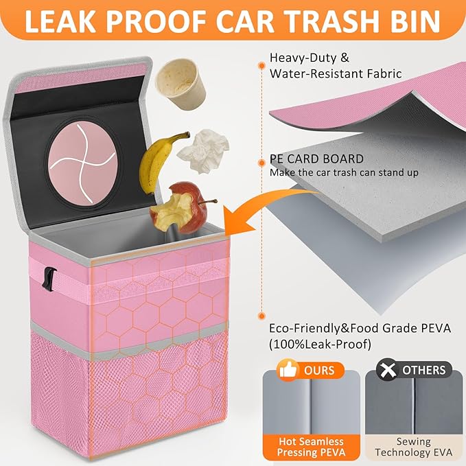 Vankor Pink Car Trash Can Cute, Pink Car Accessories for Women Waterproof Automotive Garbage Cans Leak Proof Vehicle Trash Can