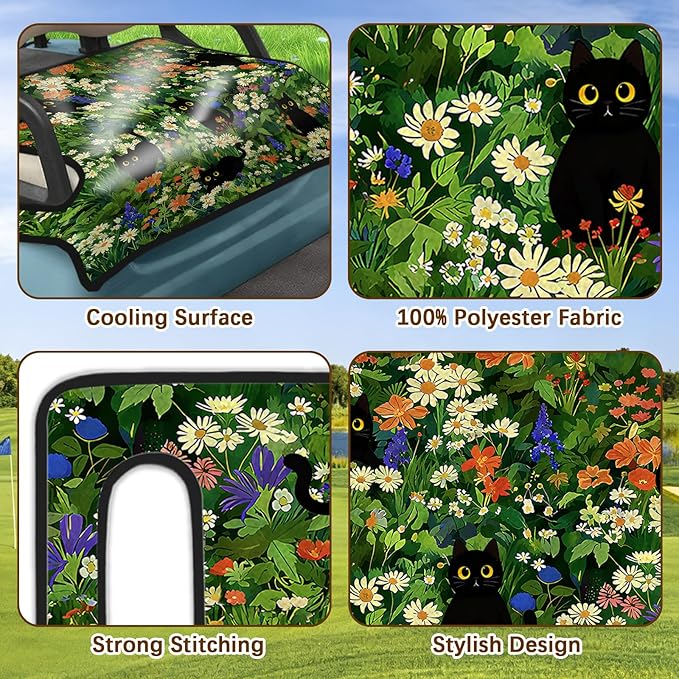 Green Golf Cart Seat Covers, Black Cat Flower Golf Cart Seat Towel Blanket for Club Car, Golf Cart Accessories, Keep Seat Comfortable and Cool for 2-Seat Golfs Carts, Gifts for Christmas Thanksgiving